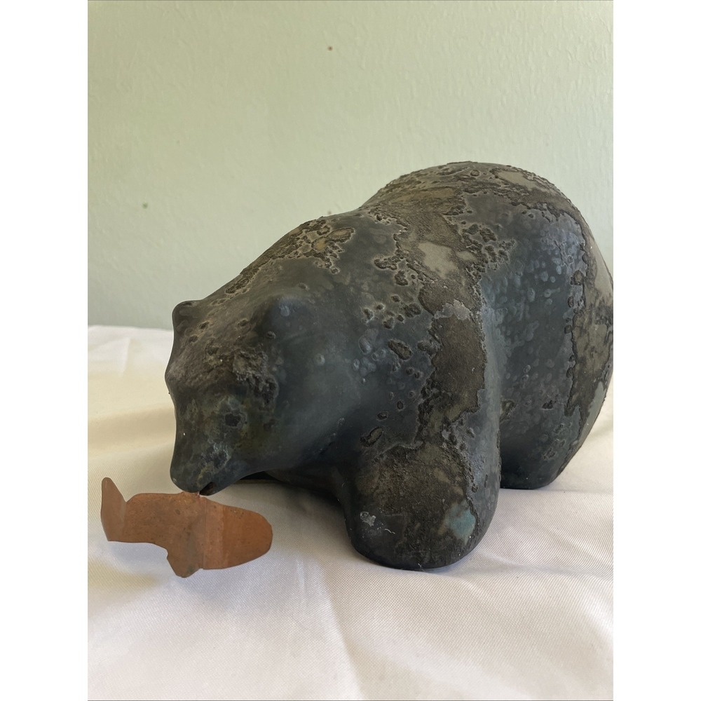 Vintage Large TONY EVANS Raku Pottery Bear Fish Sculpture Pottery Art Cabin 10in